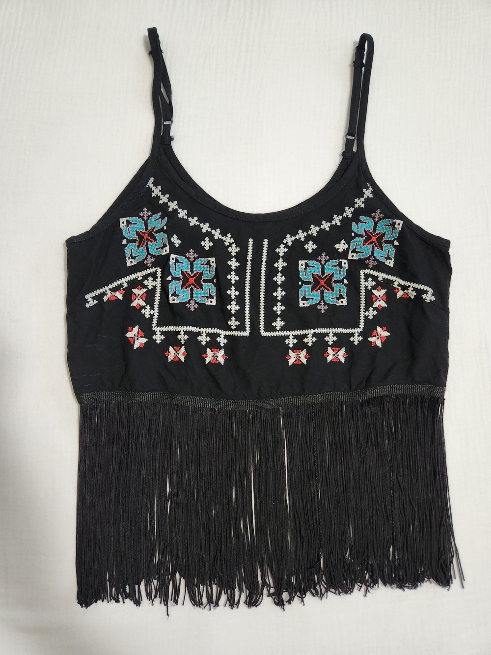 Earthbound Trading Co. Black Boho-style Embroidered Fringe Crop Tank Top